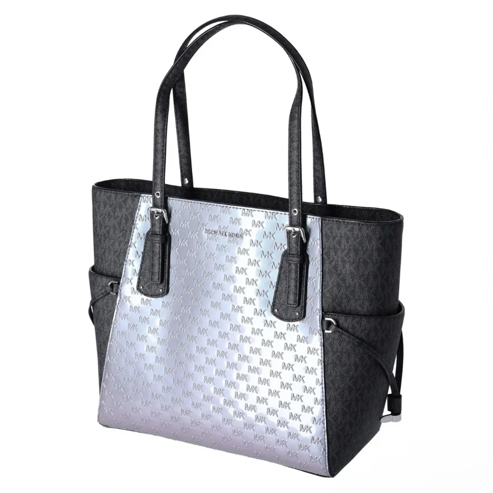 Michael Kors Voyager Travel Shoulder Tote Heather Grey Patent Leather Black MK